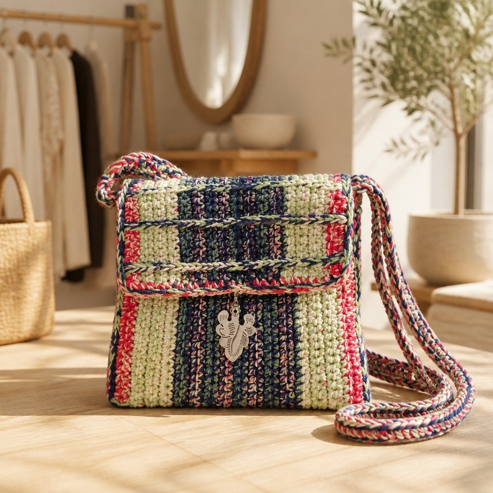 Handmade Boho Crochet Crossbody Bag with Cactus Charm